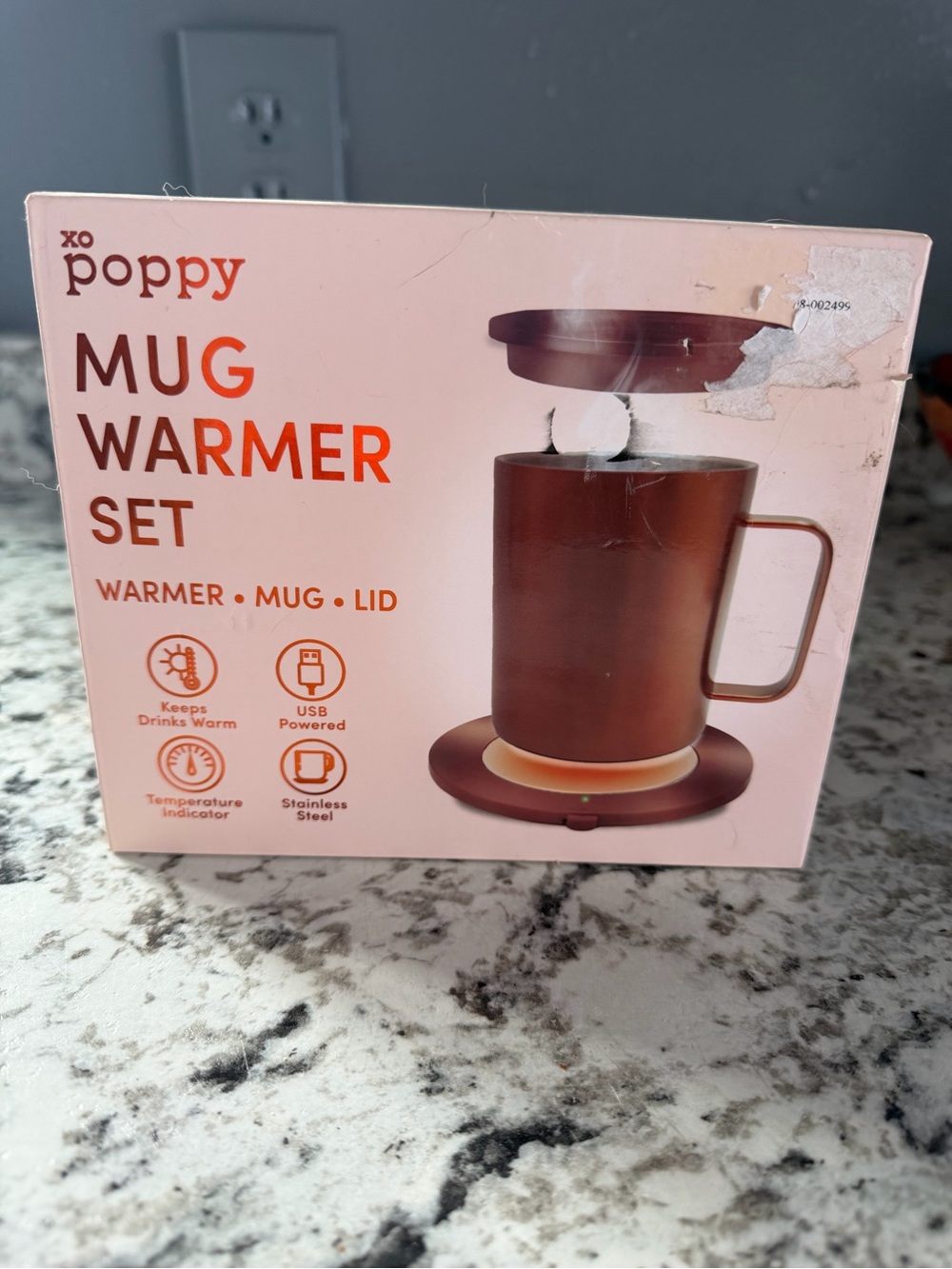 XO Poppy Brown Mug Warmer Set with Lid and USB-Powered Base.